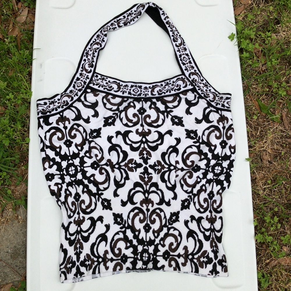 White House black market knit sweater halter top brown, black and white large